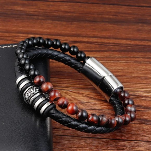 Natural Black Onyx Tiger's Eye Leather Braided Bracelet - Picture 3 of 6